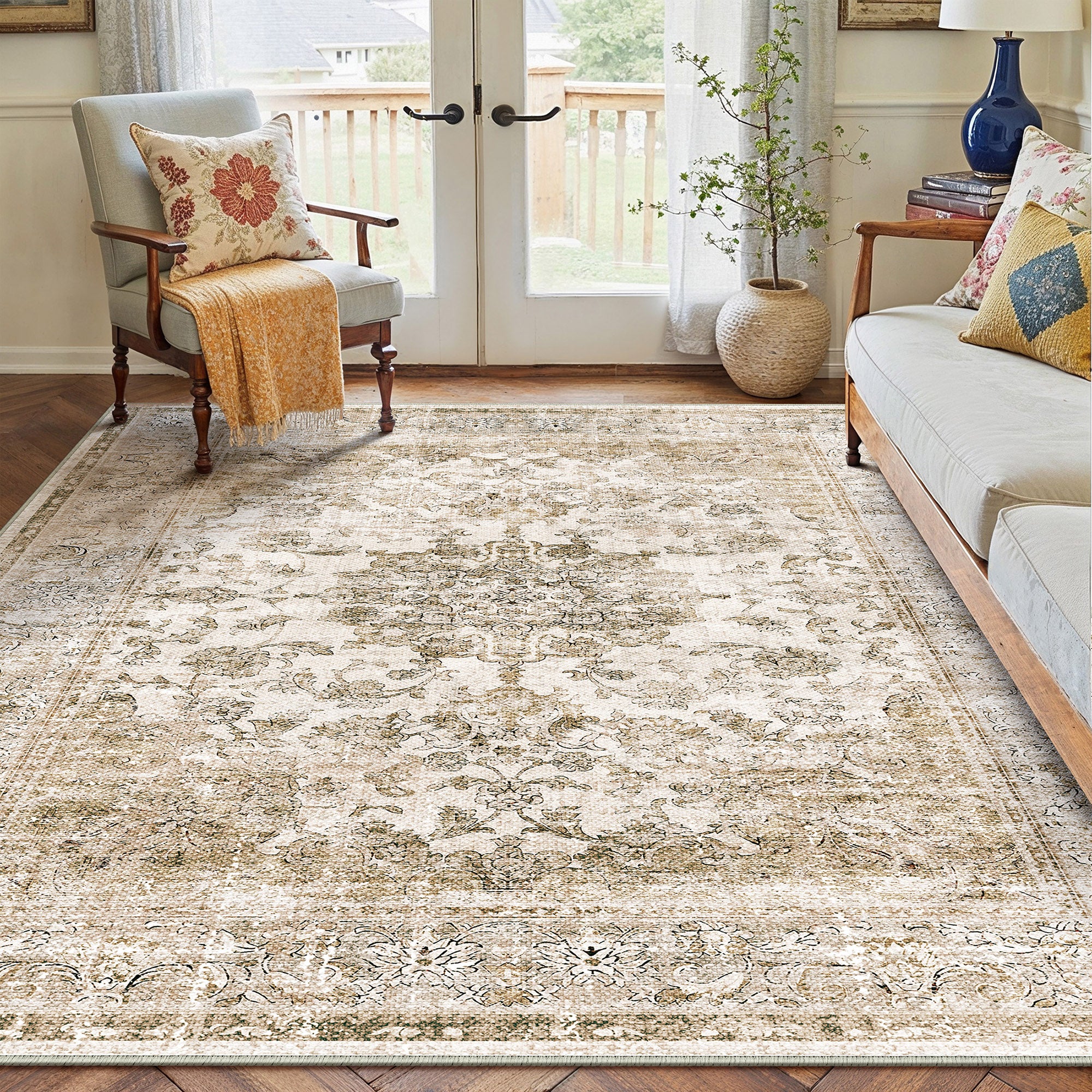 Velora Vintage Floral Brown Traditional Washable Rug – PureCozy