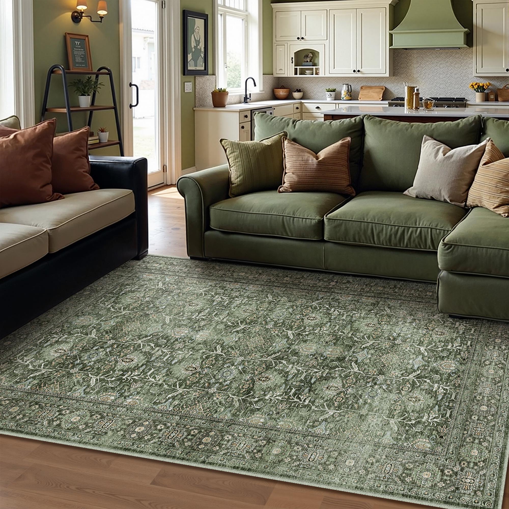 Selma Persian Vintage Green Short Pile Distressed Washable Rug