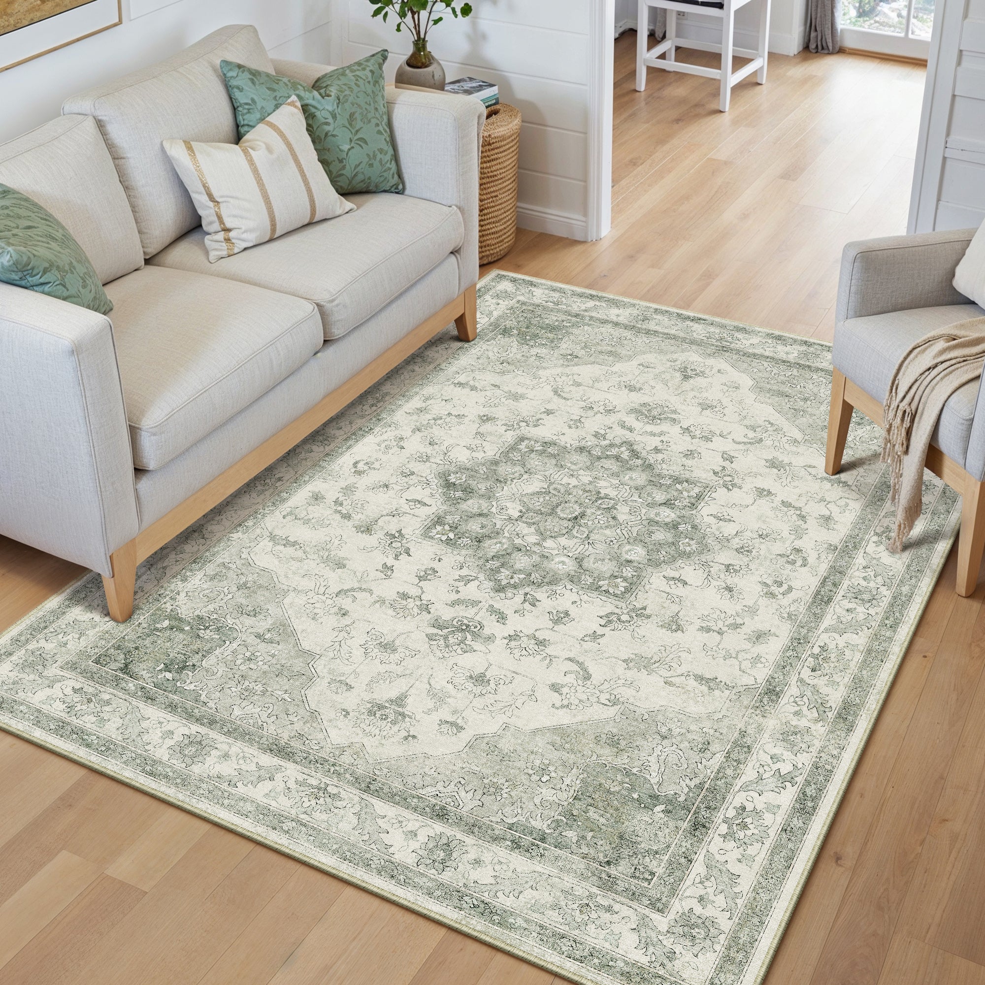 Sunburst Vintage Floral Green Traditional Machine Washable Area