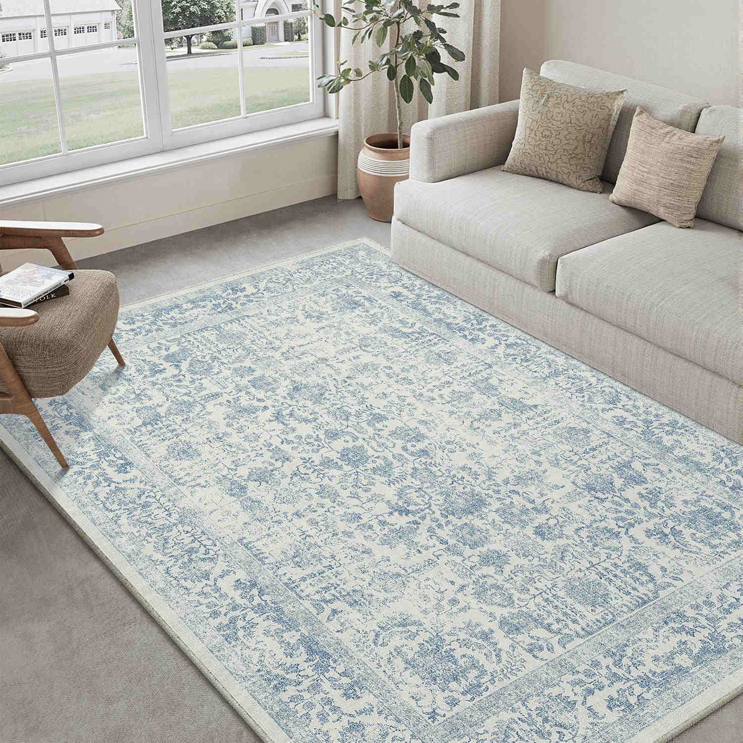Sylva Vintage Persian Floral Blue Distressed Washable Rug – PureCozy