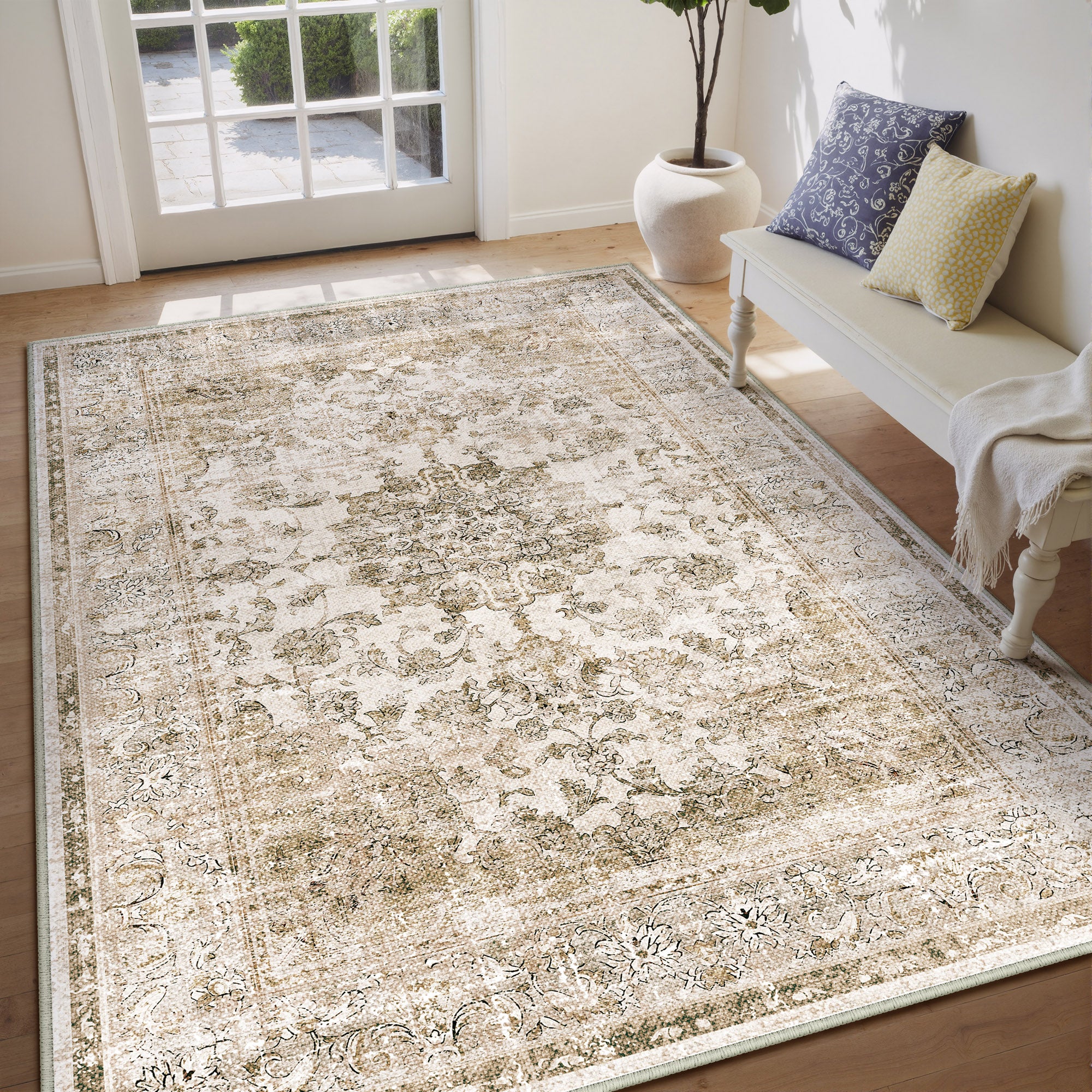 Velora Vintage Floral Brown Traditional Washable Rug – PureCozy