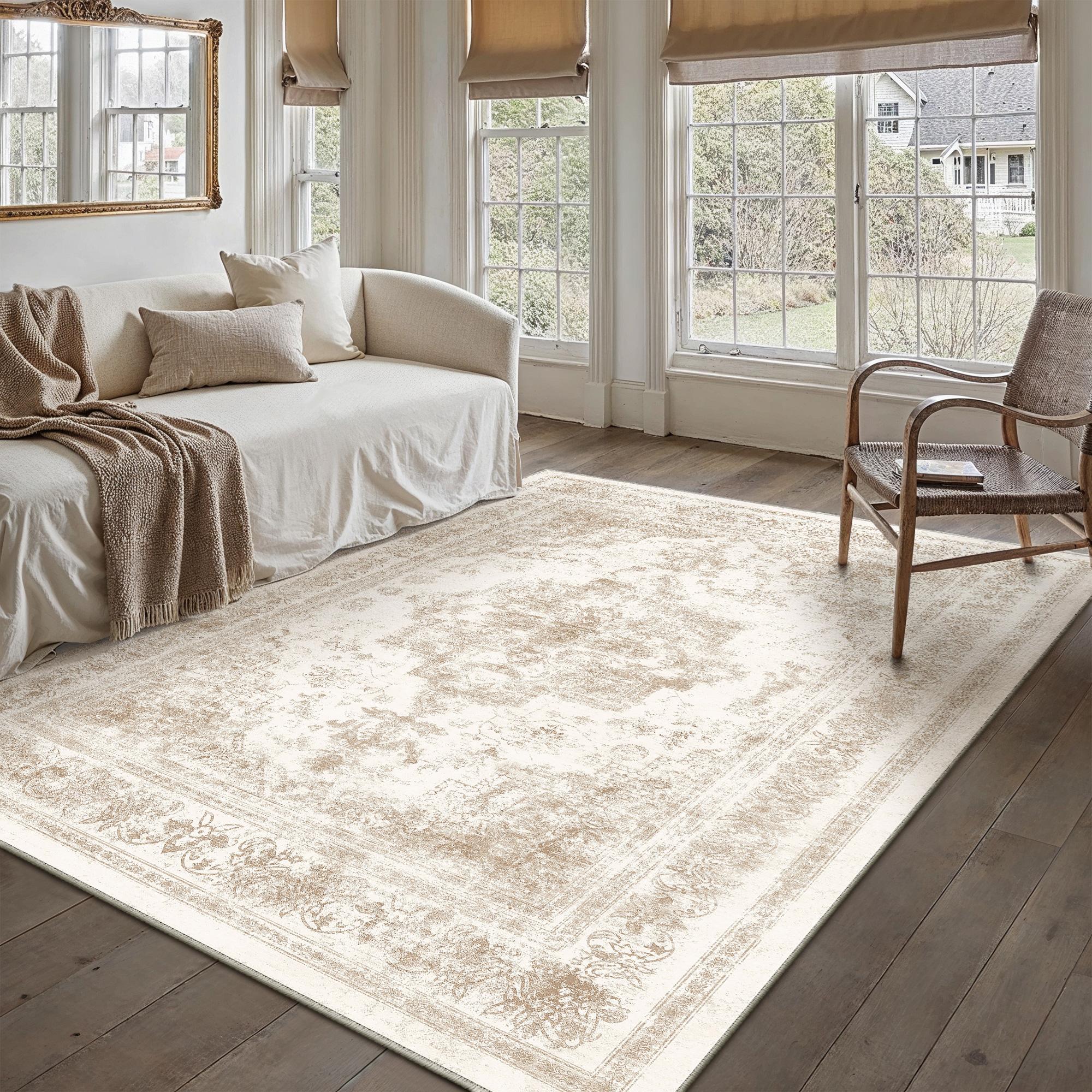Nourah Vintage Persian Medallion Beige Distressed Washable Rug