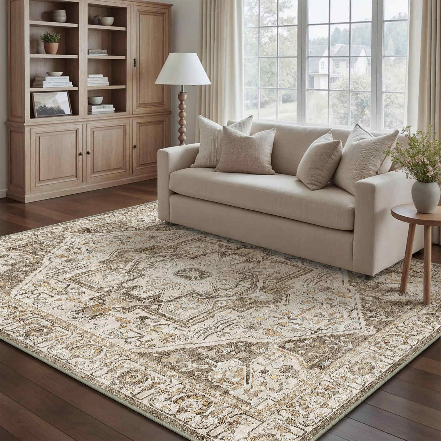 Mandala Persian Retro Medallion Brown Short Pile Washable Rug