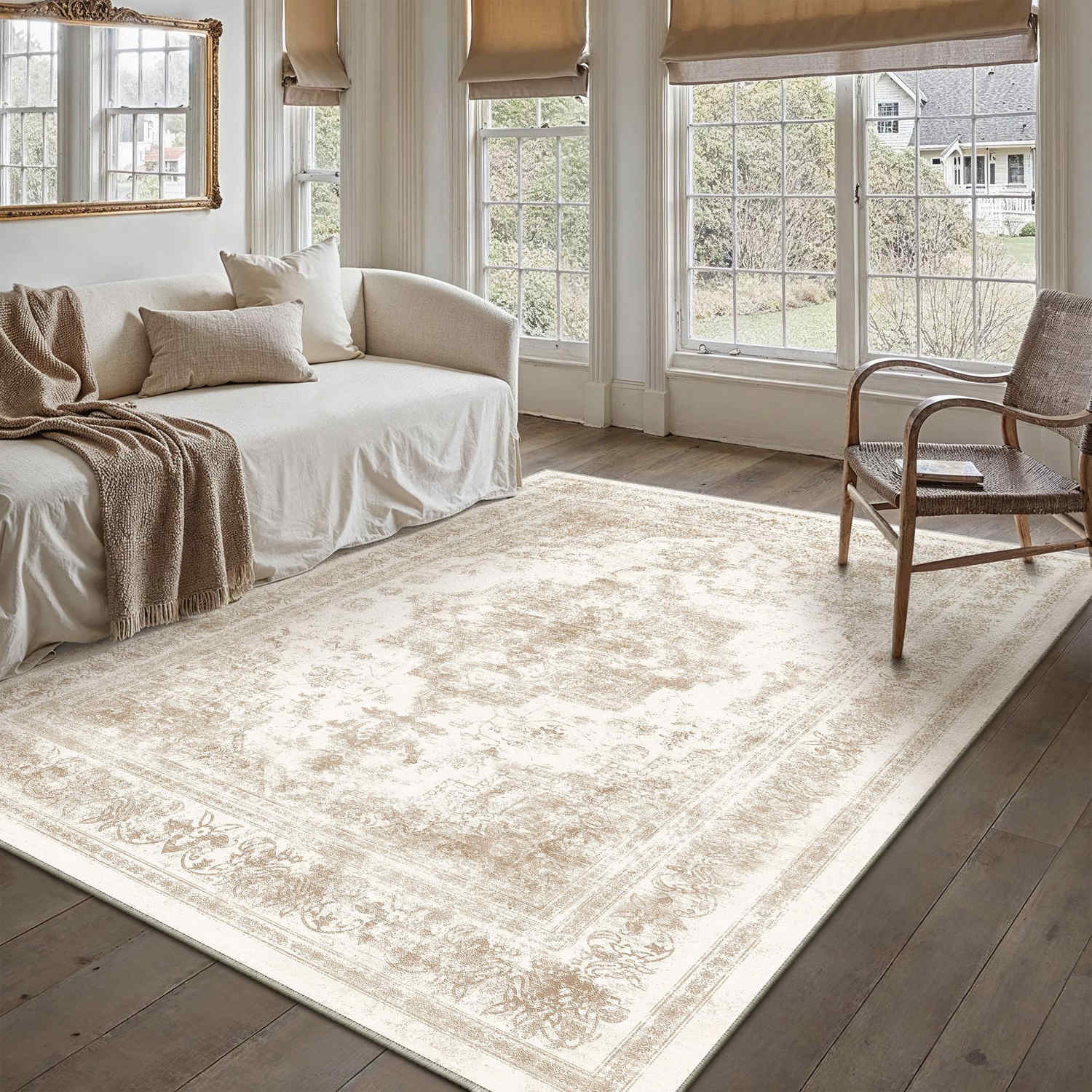 【vintage rug】モロッコ産｜154×83cm｜メダリオン ラグ Nourah Vintage Persian Medallion Beige Distressed Washable Rug