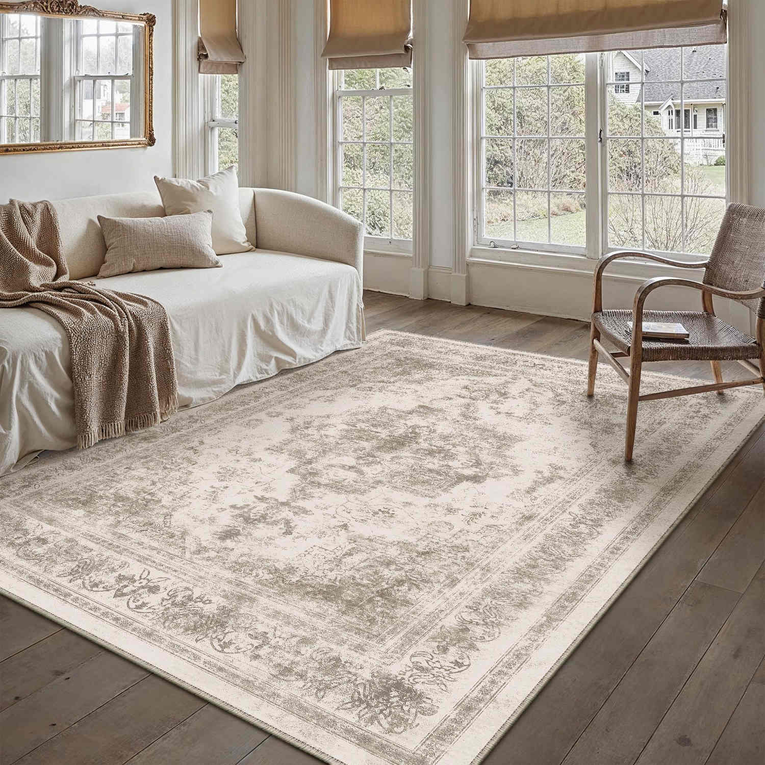 Nourah Vintage Persian Medallion Taupe Distressed Washable Rug