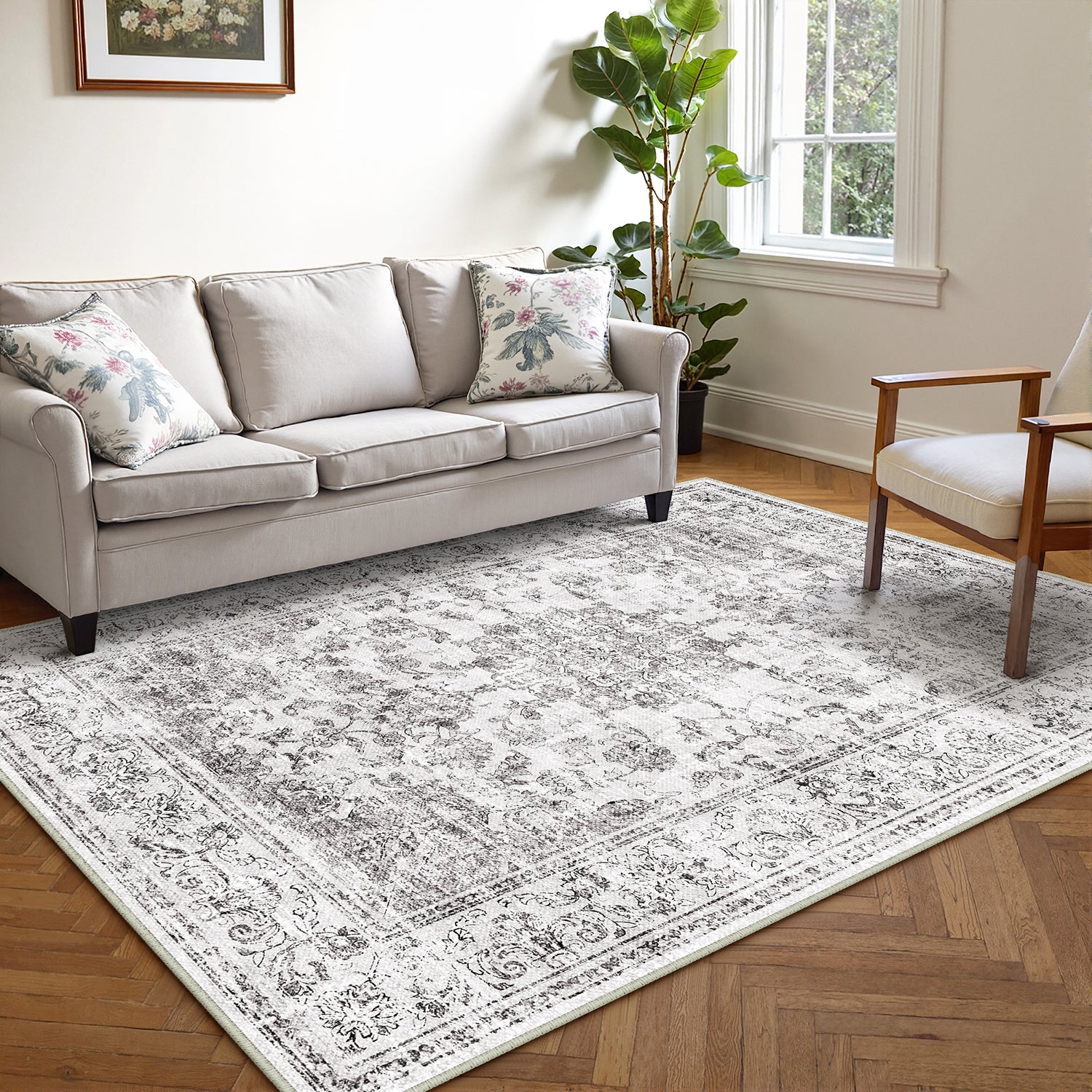 Velora Vintage Floral Gray Traditional Washable Rug – PureCozy