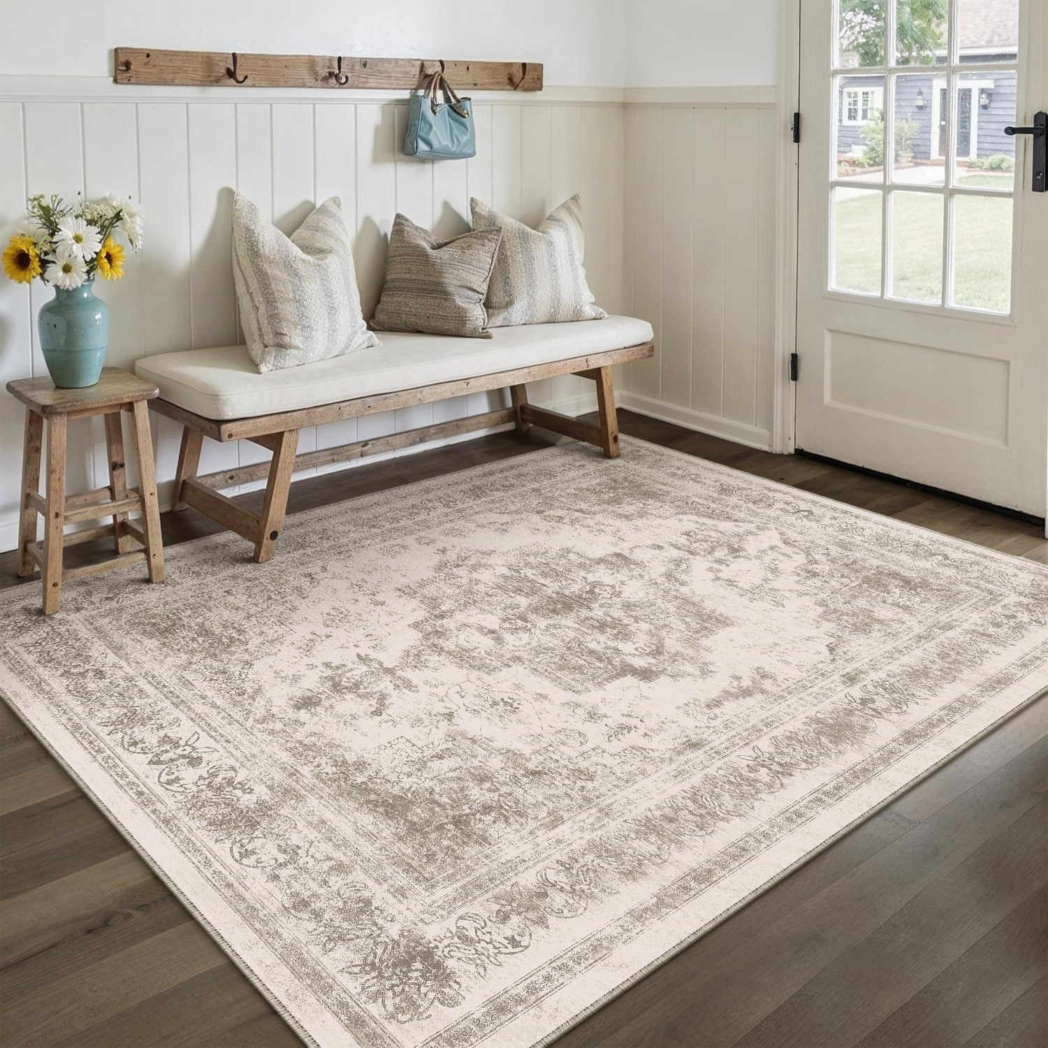 Nourah Vintage Persian Medallion Taupe Distressed Washable Rug