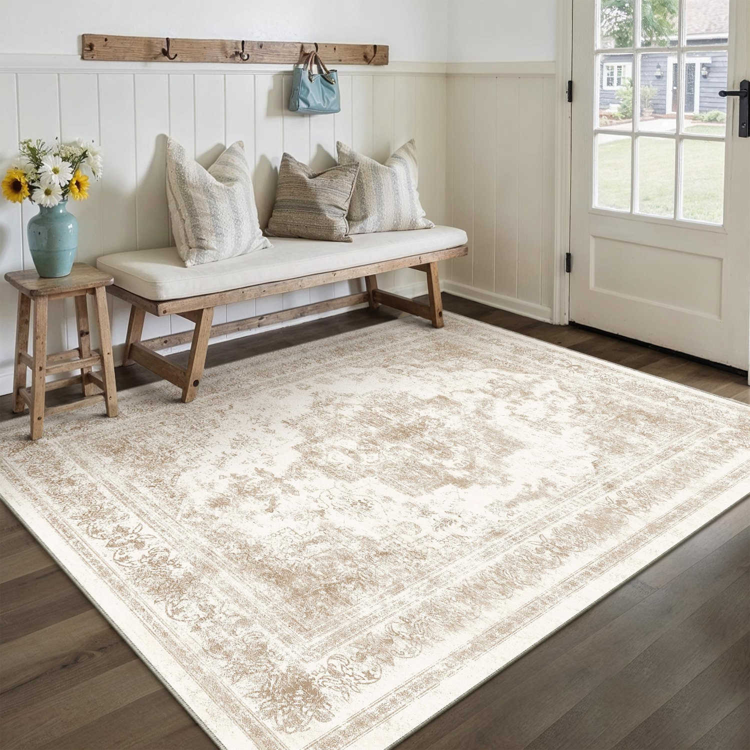 Nourah Vintage Persian Medallion Beige Distressed Washable Rug