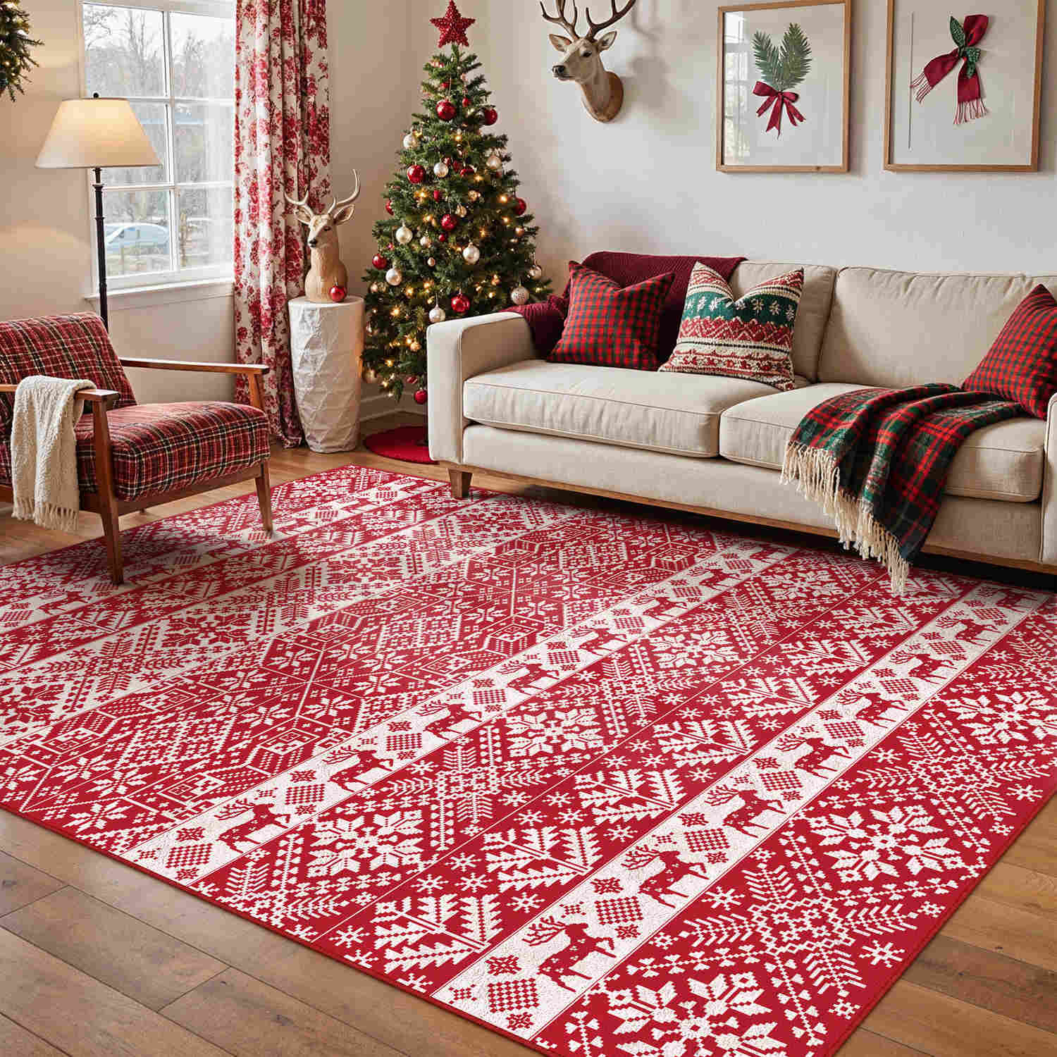Scandinavian Snowflake Reindeer Christmas Red Washable Rug – PureCozy