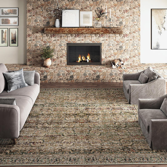 Amara Persian Vintage Brown Short Pile Traditional Distressed Washable Rug