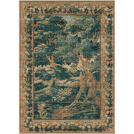 Woodland Antique Painting Colorful Traditional Washable Rug
