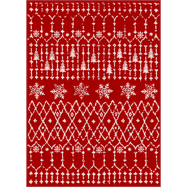 Bohemian Tree Snowflake Christmas Red Washable Rug