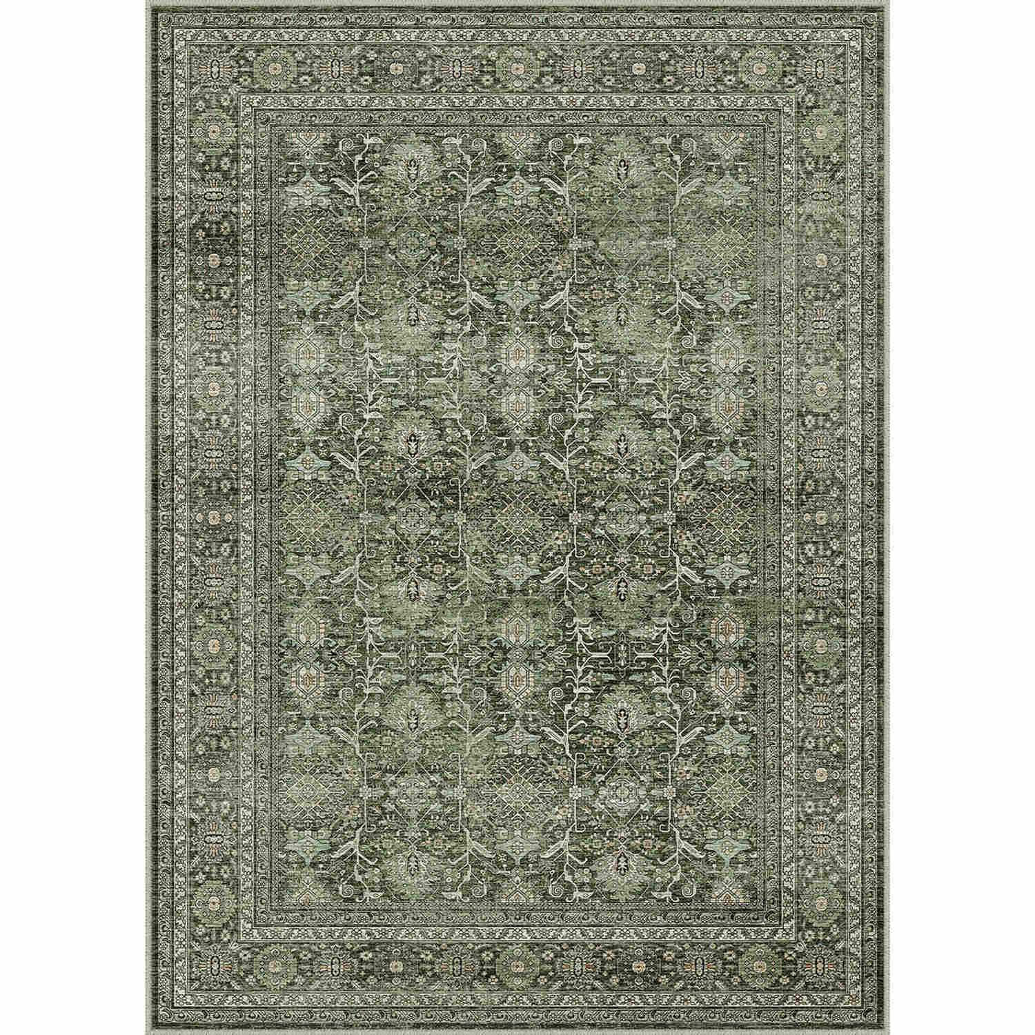 Selma Persian Vintage Green Short Pile Distressed Washable Rug