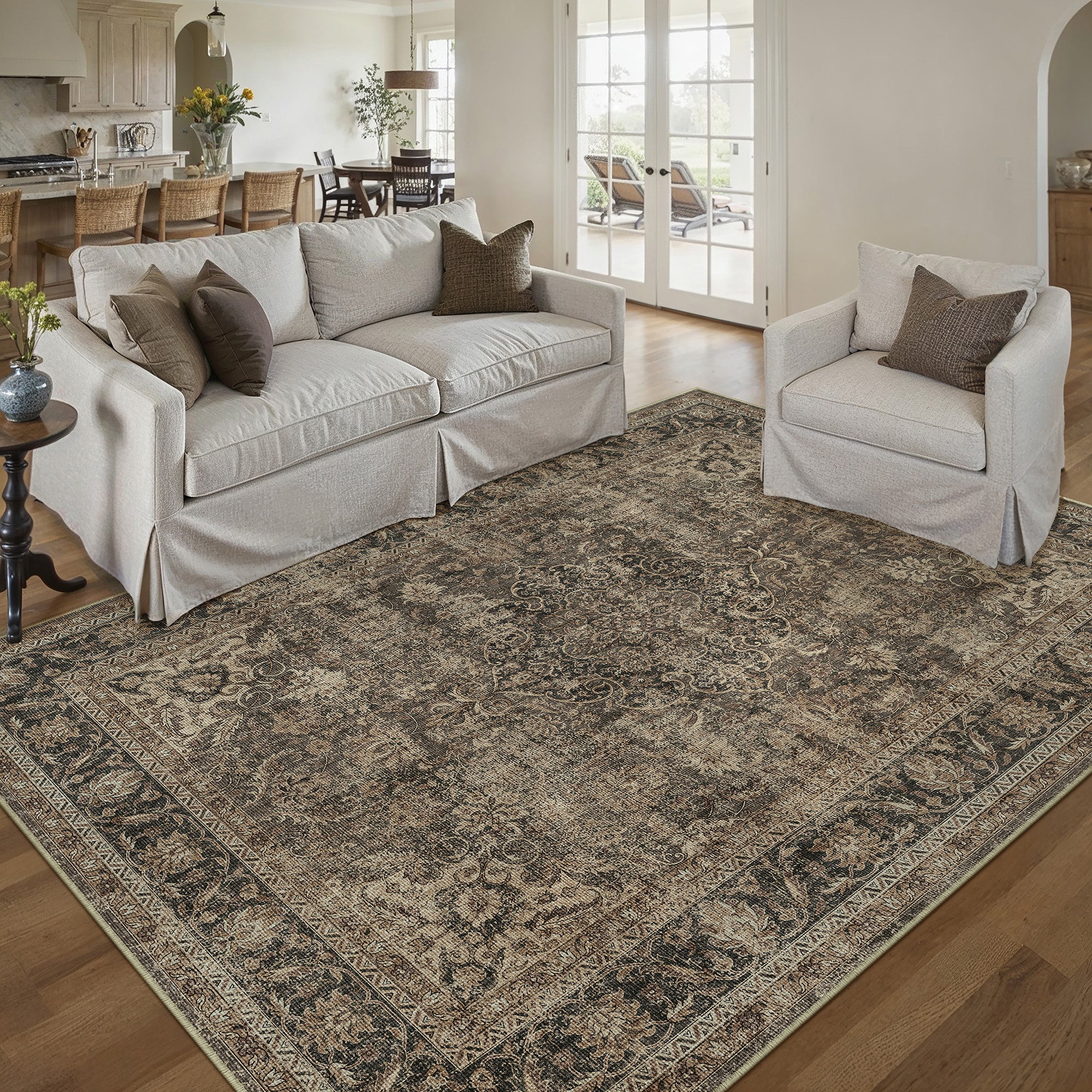 Aria Vintage Floral Brown Traditional Machine Washable Area Rug