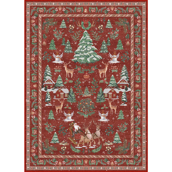 Tree Reindeer Santa Christmas Red Washable Rug