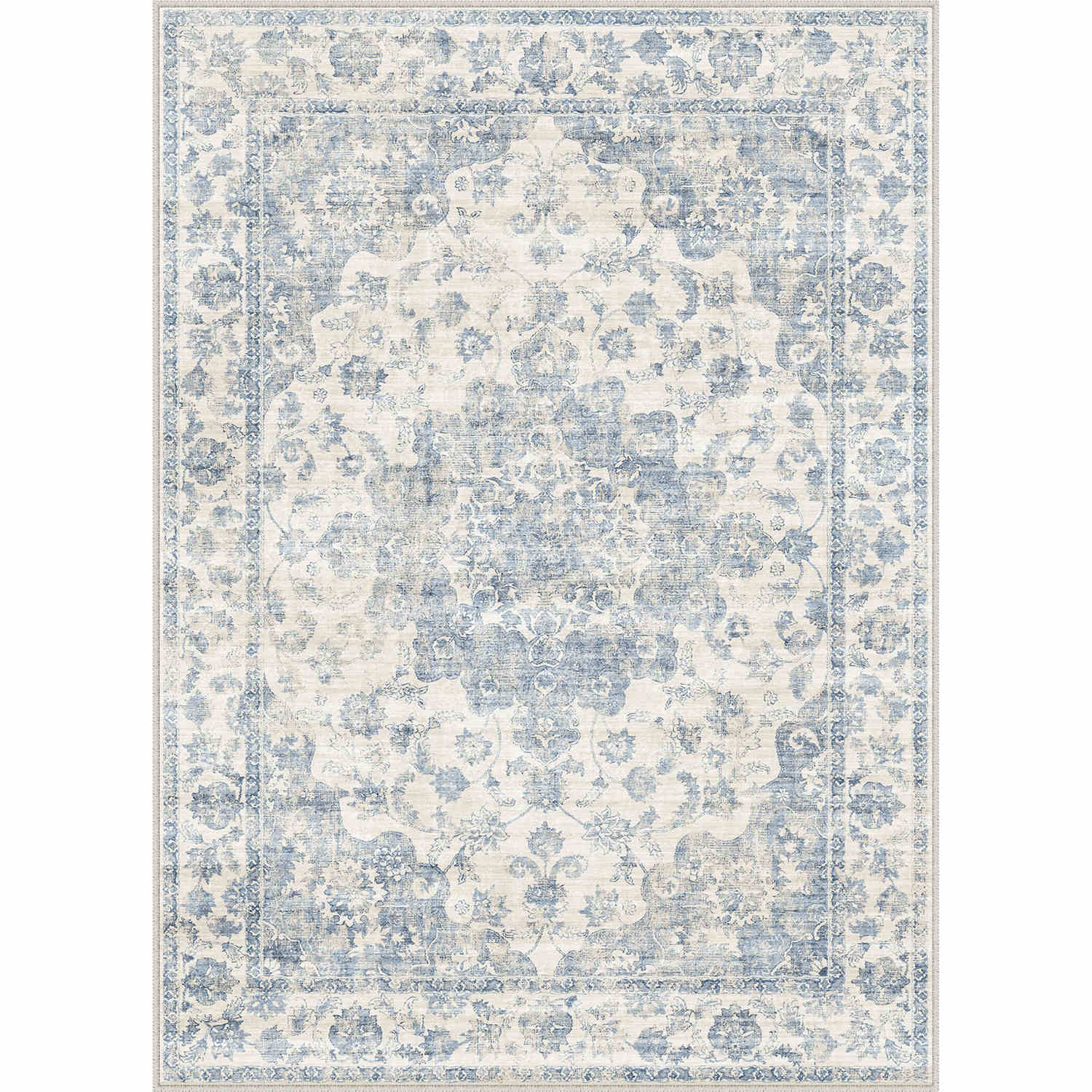 Juliet Vintage Floral Blue Short Pile Traditional Washable Rug