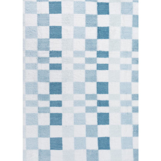 Mosaic Checkered Blue Shag Washable Rug