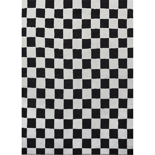 Prague Checkered Black White Shag Washable Rug