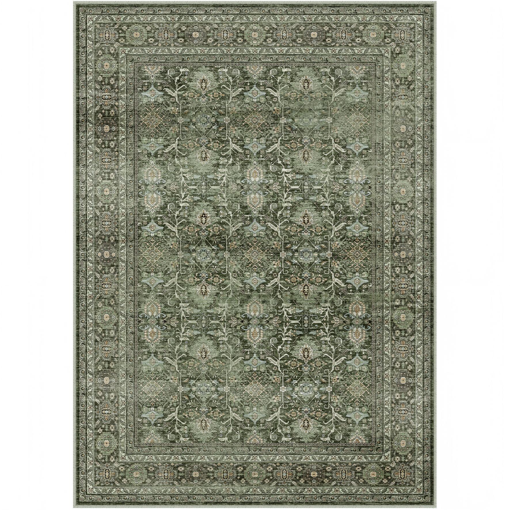 Selma Persian Vintage Green Short Pile Distressed Washable Rug