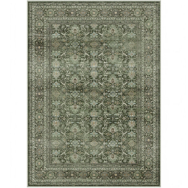 Selma Persian Vintage Green Short Pile Distressed Washable Rug