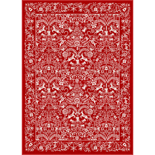 Tree Reindeer Silhouette Christmas Red Washable Rug