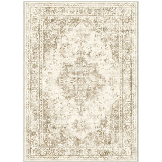 Ethereal Vintage Persian Medallion Taupe Distressed Traditional Washable Rug