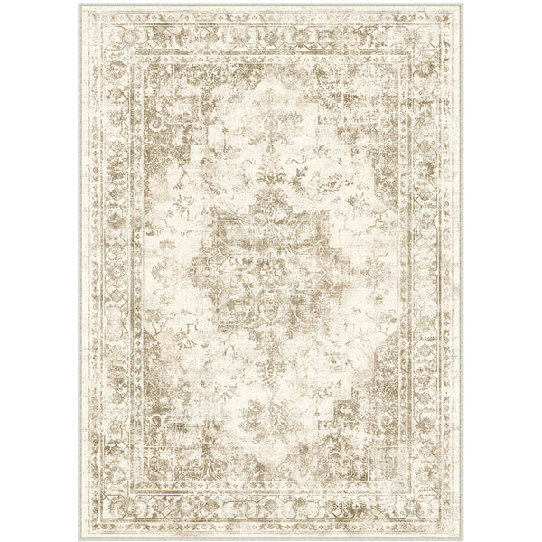 Ethereal Vintage Persian Medallion Taupe Distressed Traditional Washable Rug