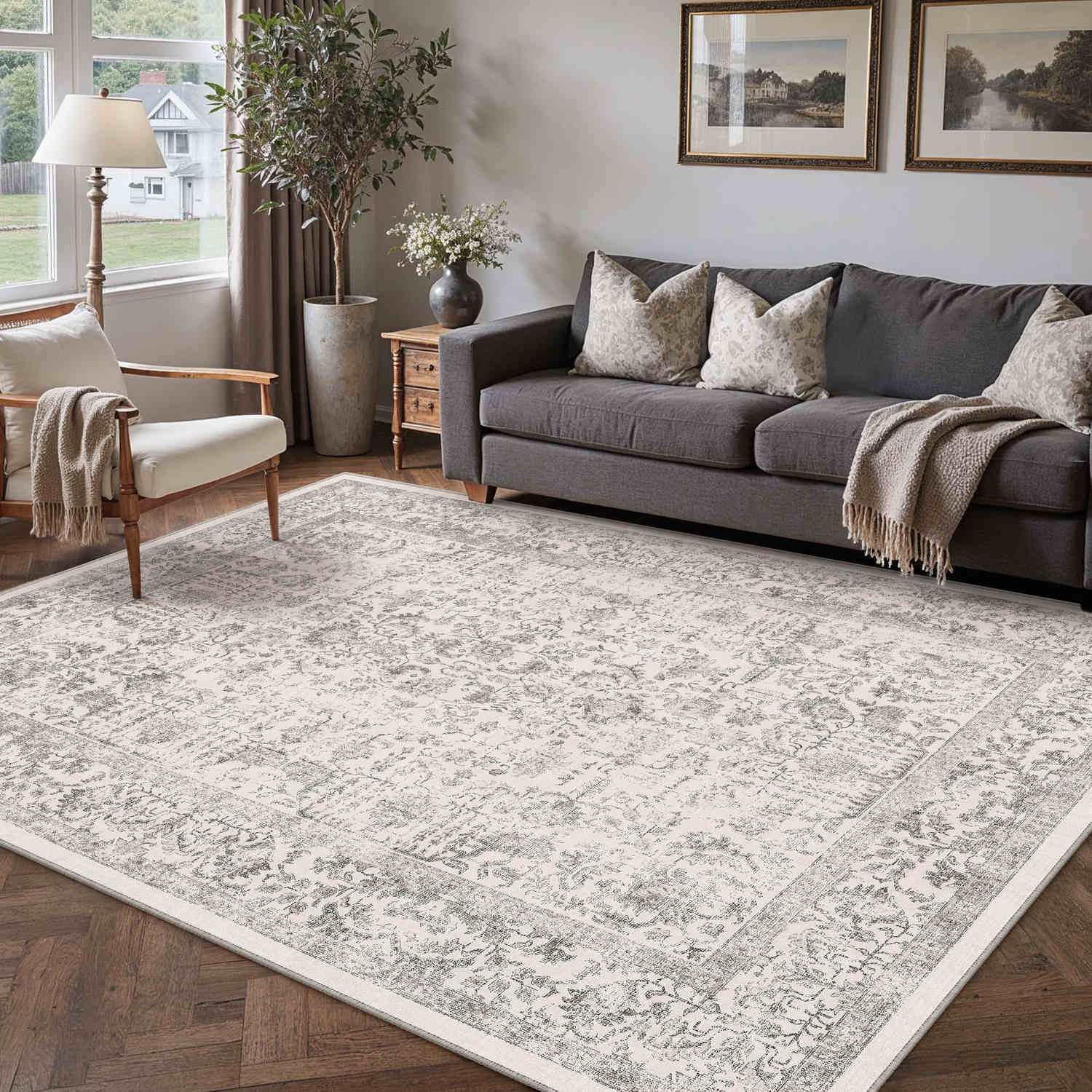 Sylva Vintage Persian Floral Gray Distressed Washable Rug – PureCozy