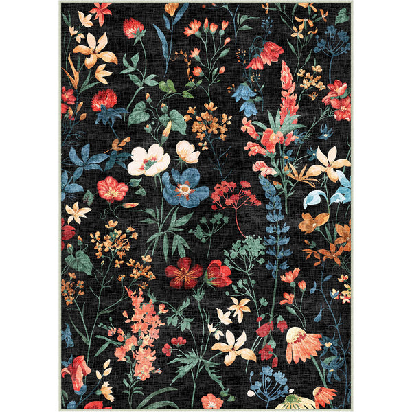 April Modern Floral Black Washable Area Rug