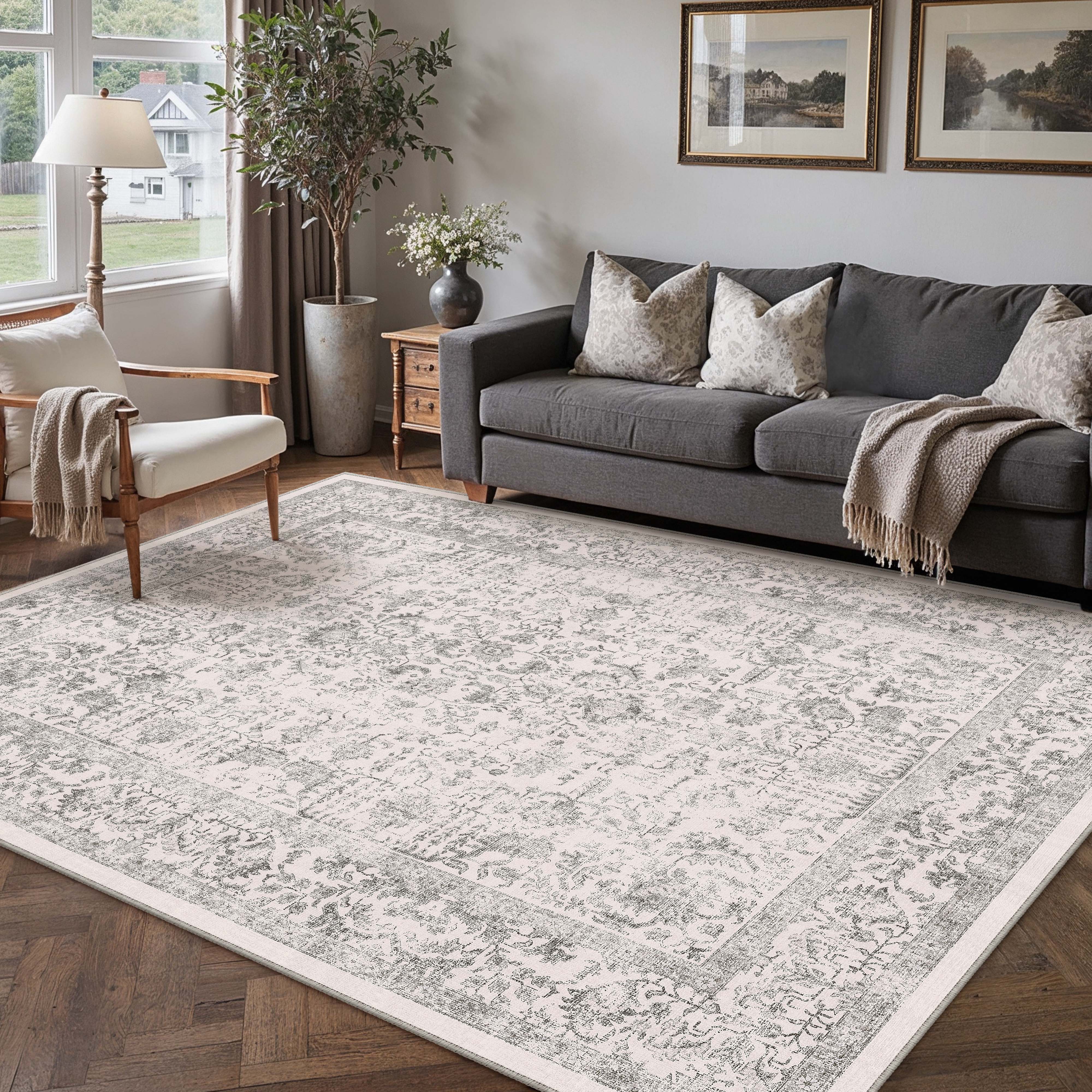 Sylva Vintage Persian Floral Gray Distressed Washable Rug – PureCozy
