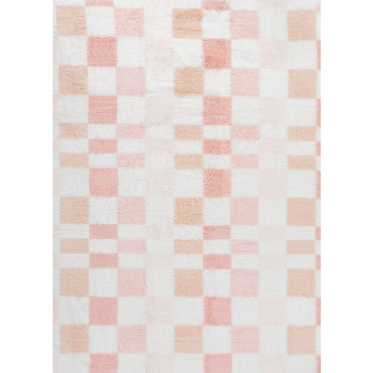 Mosaic Checkered Pink Shag Washable Rug