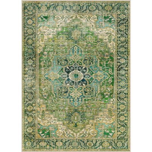 Emerald Lake Vintage Persian Medallion Green Short Pile Washable Rug