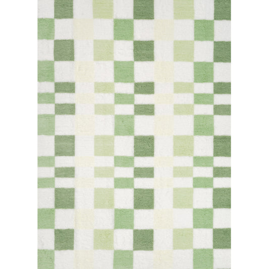 Mosaic Checkered Green Shag Washable Rug