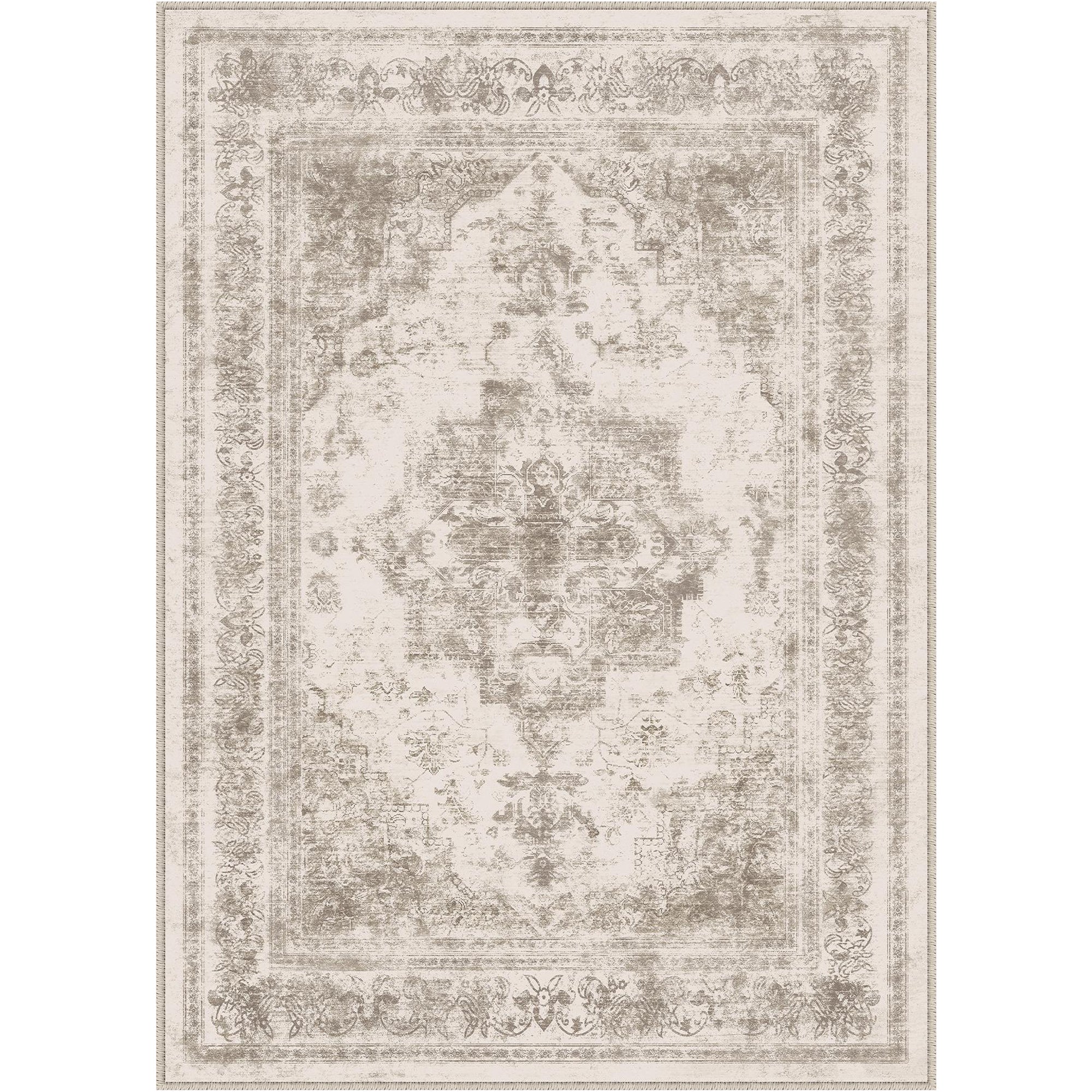 Nourah Vintage Persian Medallion Taupe Distressed Washable Rug