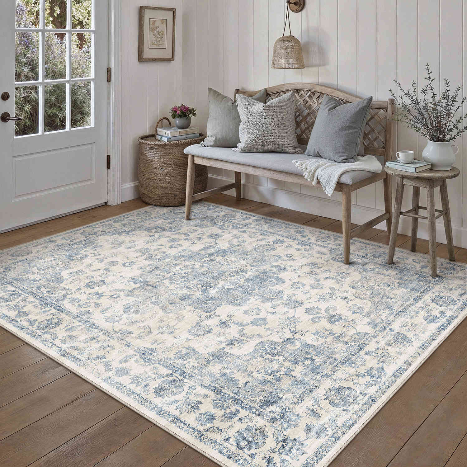 Juliet Vintage Floral Blue Short Pile Traditional Washable Rug
