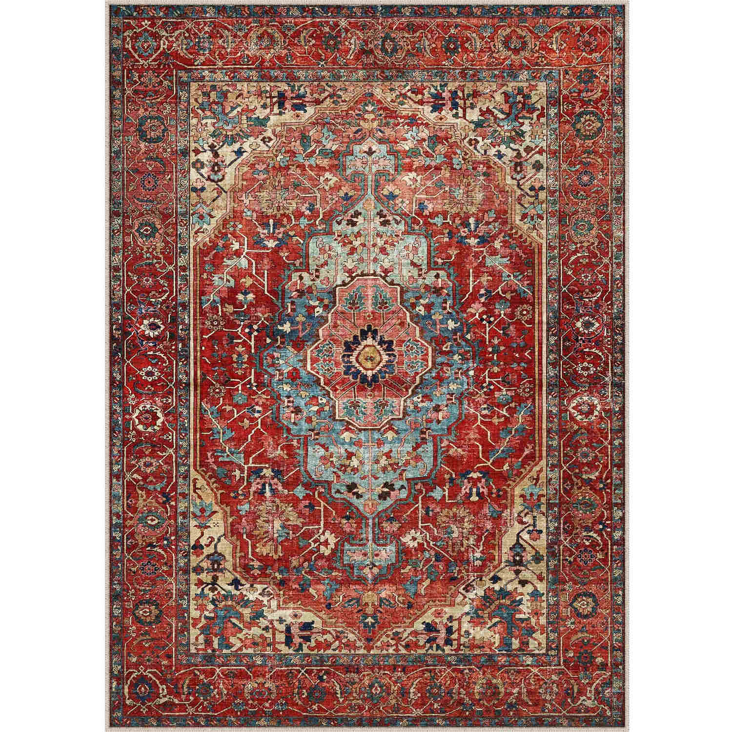 Nicola Vintage Persian Medallion Red Short Pile Washable Rug