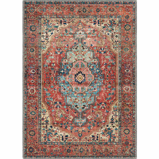 PureCozy Gulara Vintage Persian Medallion Red Machine Washable Chenille Rug 