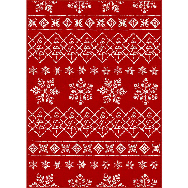 Christmas Tree Snowflakes Washable & Pet-Friendly Red Rug