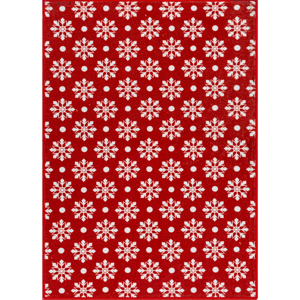 Geometric Snowflake Christmas Red Washable Rug