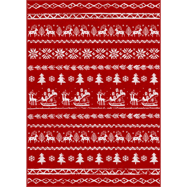 Boho Tree Reindeer Christmas Red Washable Rug