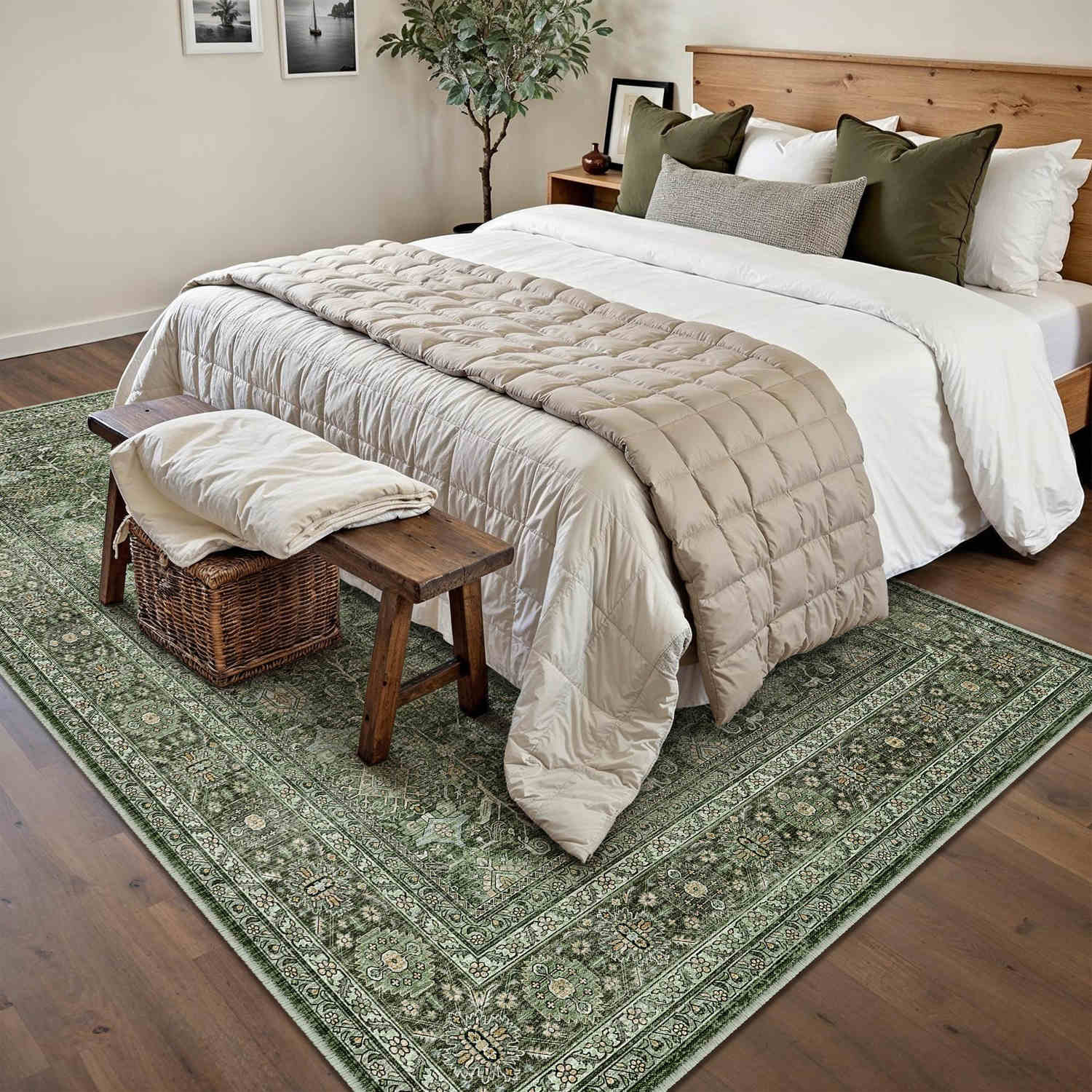 Selma Persian Vintage Green Short Pile Distressed Washable Rug