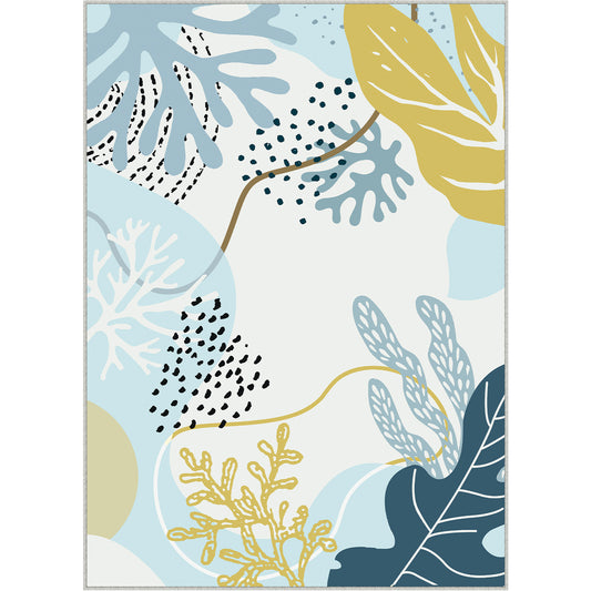 Coral Modern Floral Blue Machine Washable Area Rug
