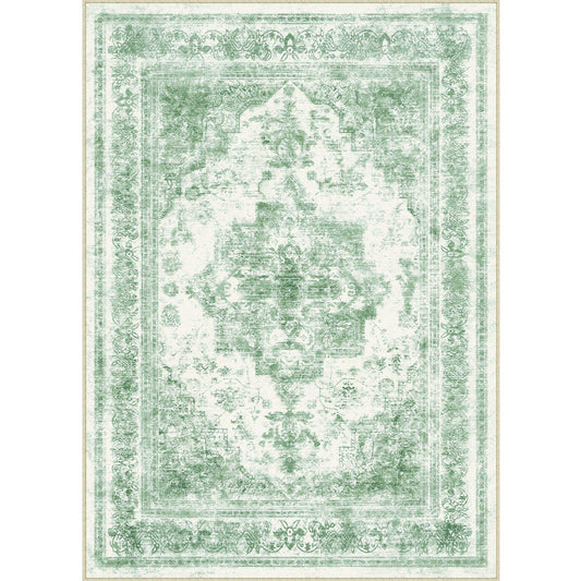 Nourah Vintage Persian Medallion Green Distressed Washable Rug