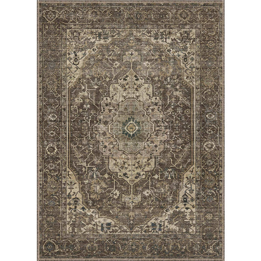 PureCozy Gulara Vintage Persian Medallion Brown Machine Washable Chenille Rug 