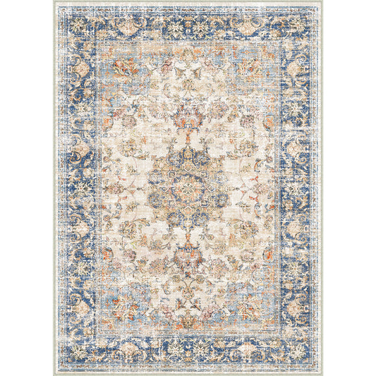 Velora Vintage Floral Blue Traditional Washable Rug