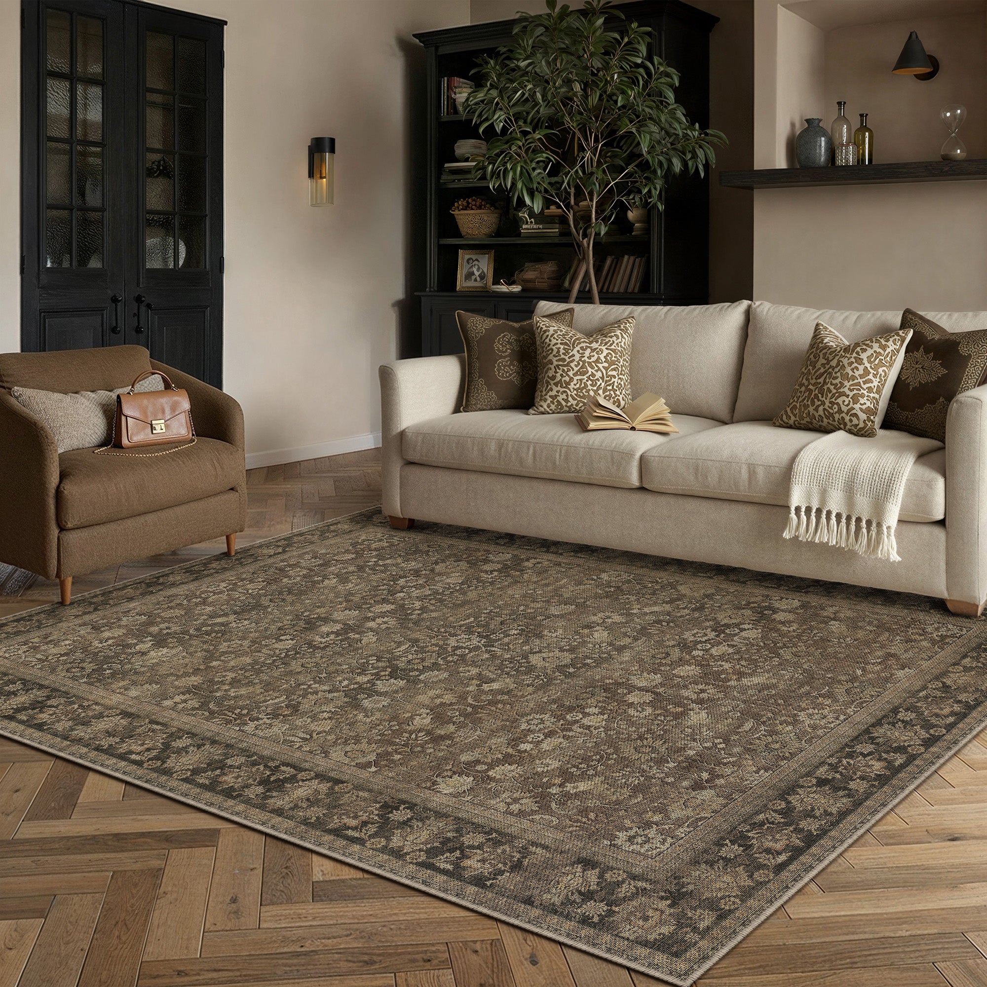 Thorned Garden Persian Vintage Brown Traditional Washable Rug