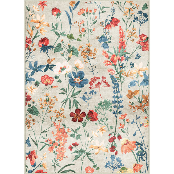 April Modern Floral Beige Washable Area Rug