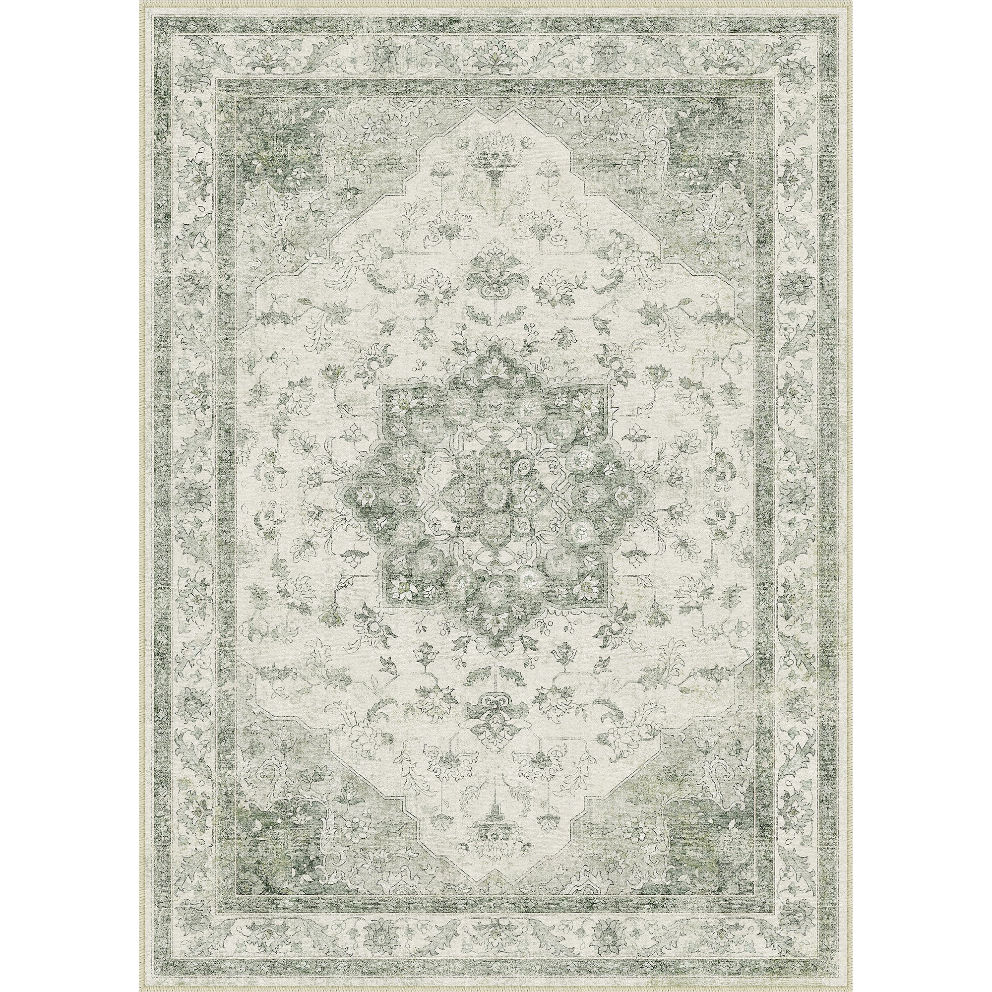 Sunburst Vintage Floral Green Traditional Machine Washable Area