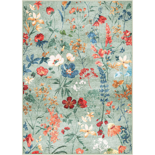 April Modern Floral Green Washable Area Rug