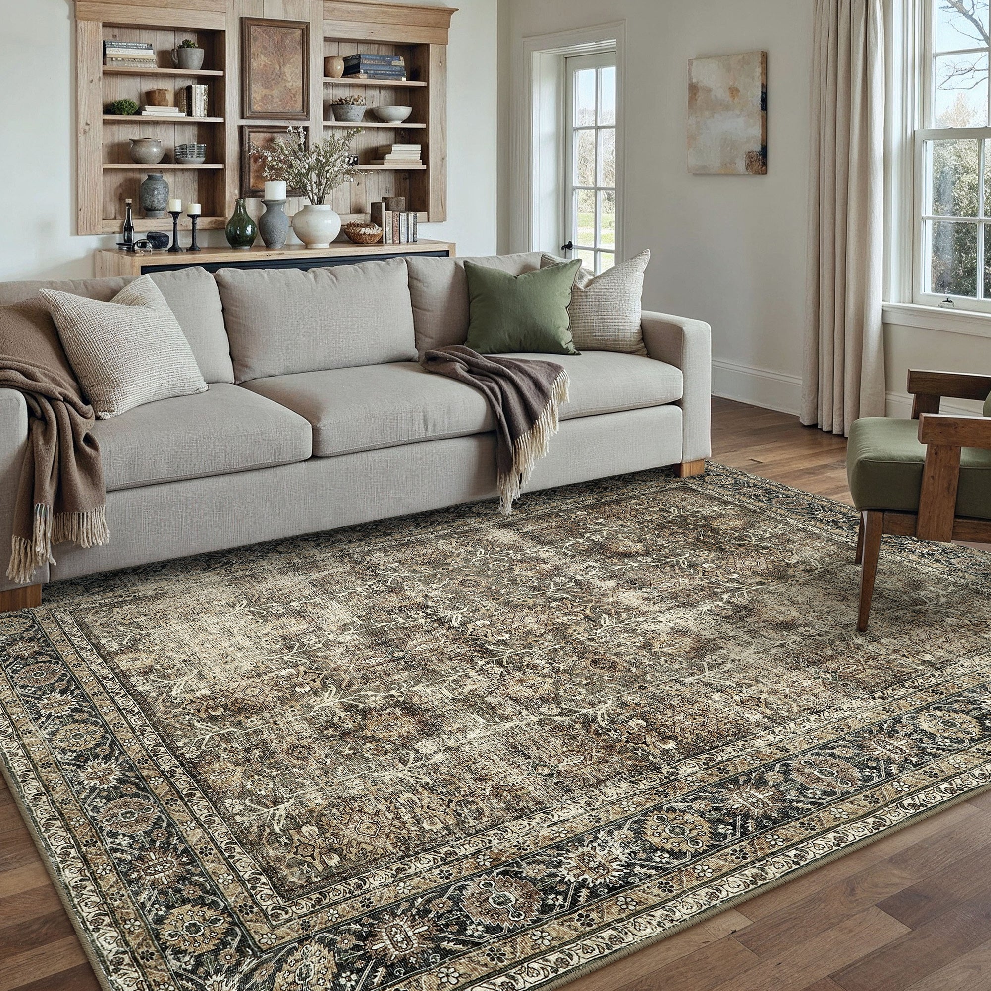 Selma Persian Vintage Brown Short Pile Distressed Washable Rug